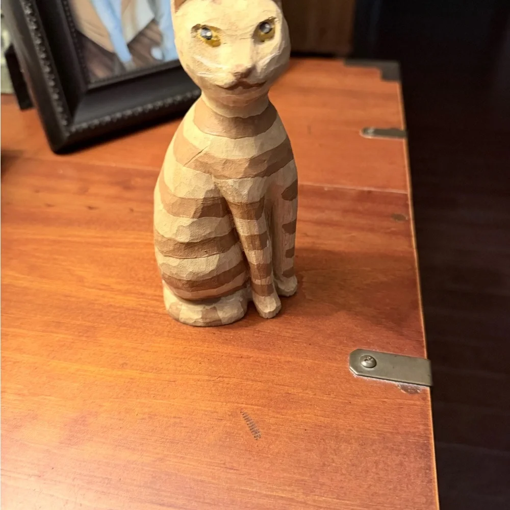 Handcarved wood Striped Cat Figurine